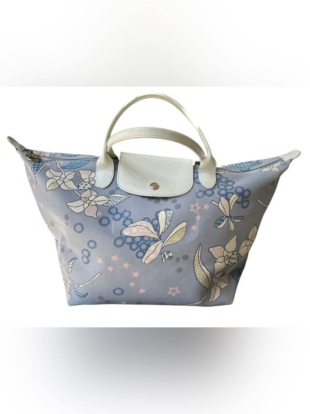 Rare Limited Edition LONGCHAMP Le Pliage Purple Lightweight Flowers Handbag EUC